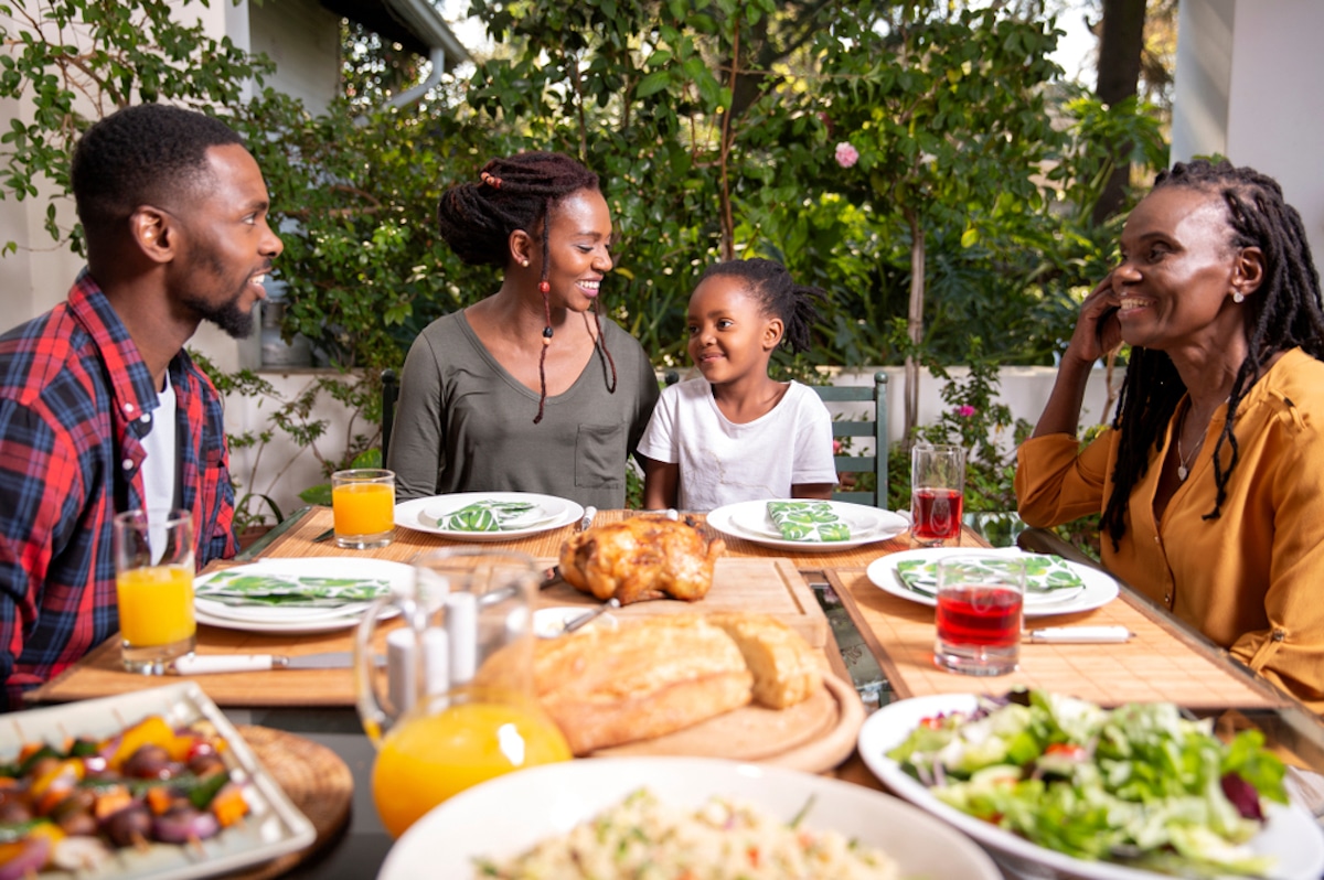 Family enjoying food outside