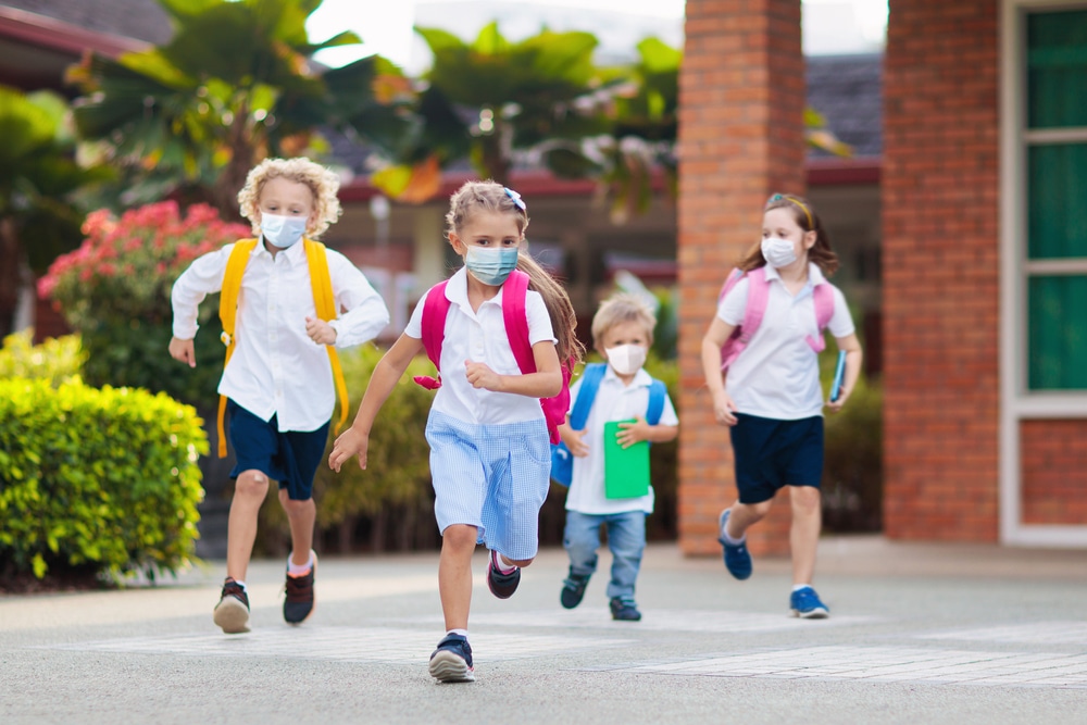 School children wearing masks